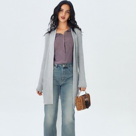 Design Labs Lord & Taylor Knit Long Duster Cardigan Sweater Grey Zipper Sleeve - Picture 1 of 6